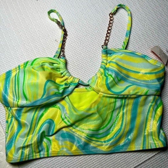 River Island Swimsuit Crop Top Bikini Retro 60’s Vibe Psychedelic Metallic 10 - Picture 1 of 11